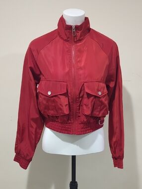 Women's Red Cropped Bomber Jacket with Front Pockets